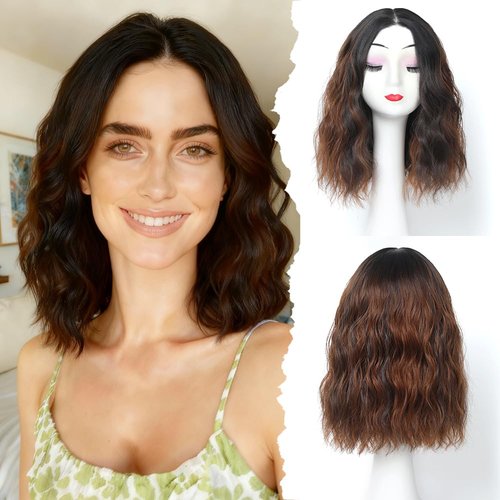 GUDOZO Short Wavy Wig for Women 14Inch Shoulder Length Curly Wavy Bob Synthetic Heat Resistant Fiber Wigs for Daily Party Use Black Mix Brown
