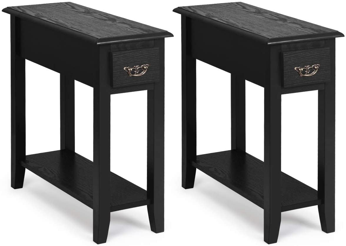 2-Tier Sofa Side Table with Drawer and Open Shelf, Set of 2, White