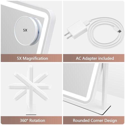 ViKert Vanity Mirror with Lights, 5X Magnification Spot Mirror, Makeup Mirror with Dimmable 3 Color Lighting, 17.3"L x 14.2"W