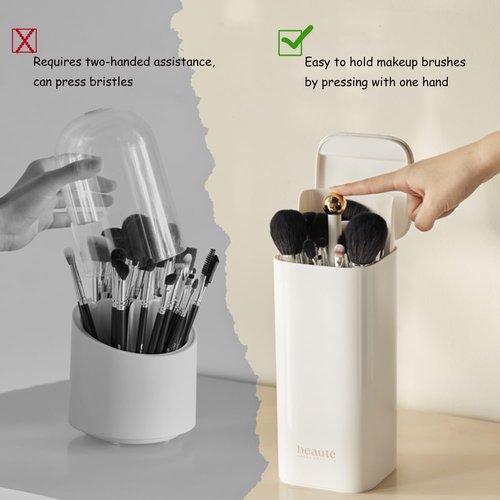 Makeup Brush Holder with Lid, Automatic Lifting Waterproof Dustproof Makeup Brushes Organizer for Vanity Desktop Bathroom Countertop(White)