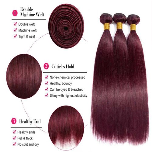 Hiaplame #99j Burgundy Bundles Human Hair Straight Bundles 10 12 14 inch Wine Red Brazilian Virgin Hair 3 Bundle Unprocessed Quick Weave Hair Extensions 100 Gram Per Bundle for Black Women