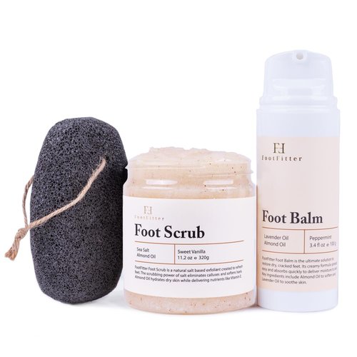 FootFitter Pedicure Foot Care Set with Sea Salt Scrub, Volcanic Pumice Stone & Repair Balm for Dry Skin, Cracked Heels, and Rough Feet