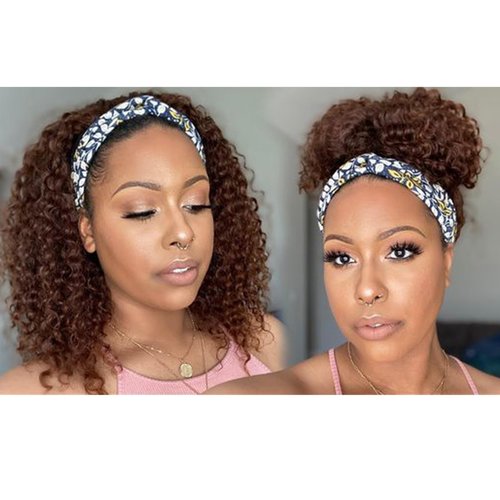 Punmasa Headband Wig Human Hair Deep Wave Chocolate Brown Headband Wigs for black women Glueless Wigs Human Hair Machine Made 150% Density headband wig human hair with Headbands (12Inch)