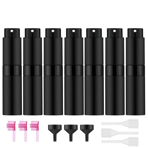 KOIBITO 7PCS/8ML Portable Refillable Mini Perfume Atomizer Bottles, Empty Cologne Spray Bottle, Pocket Travel Perfume Bottles Include Refill Tools(Matte Black)