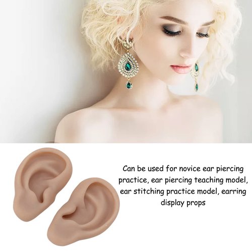 Dioche 1 Pair Silicone Ear Model Piercing Practice Model Silicone Ear Model Ear Body Part Kit for Earrings Display Ear Piercing Exercise (Deep Skin Color)