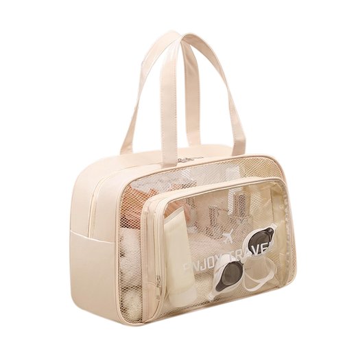 DAPOWER Travel Toiletry Bag for Women and Men, Beach Bag Waterproof Sandproof, Large Clear Tote for Gym Pool Beach Summer Vacation (Beige)