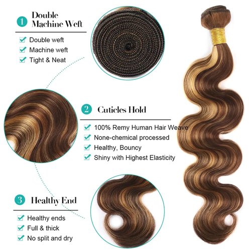 Biliisyff P4/27 Highlight Body Wave Ombre Honey Blonde Brazilian Human Hair Bundles 8 10 12 Inch 2 Tone Brown and Blonde Hair Wet and Wavy Bundles Brown Weft Hair Extensions for Black Women