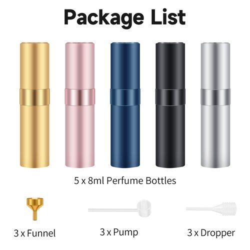 Saiveina 8ml Travel Refillable Perfume Bottles, Mini Cologne Perfume Spray Bottle, Empty Pocket Perfume for Travel and Outgoing(5 Pack)