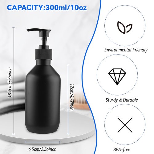 BOSMOIW 3 Pieces 300ML/10OZ Black Matte PET Soap Dispenser,Plastic Shampoo Pump Bottle,Empty Hand Soap Containers,Bathroom Countertop Pump Dispensers for Shampoo,Conditioner,Shower Gel,Massage Oil