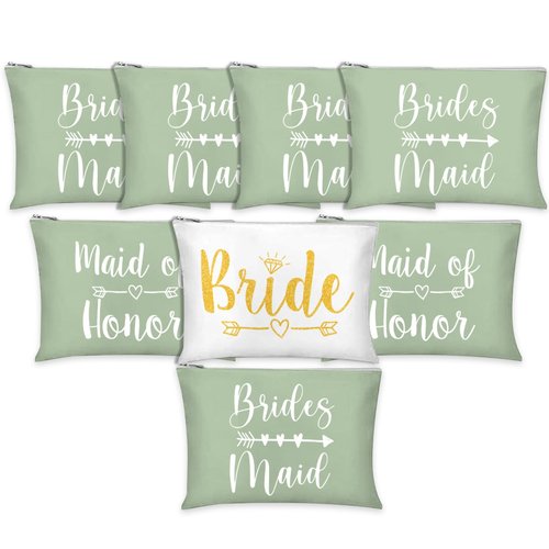 Whaline 8Pcs Bridesmaids Makeup Bags Wedding Bridal Cosmetic Canvas Organizer Bag Sage Green Maid of Honor Zipper Cosmetic Pouch for Women Wedding Bridal Shower Party Favor Supplies