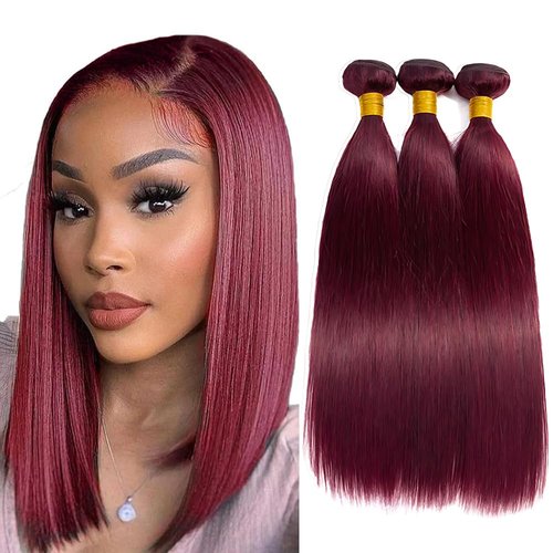 Hiaplame #99j Burgundy Bundles Human Hair Straight Bundles 10 12 14 inch Wine Red Brazilian Virgin Hair 3 Bundle Unprocessed Quick Weave Hair Extensions 100 Gram Per Bundle for Black Women