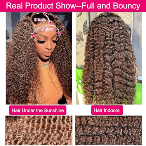 13x6 Deep Wave Lace Front Wigs Human Hair Chocolate Brown Deep Curly Human Hair Wig for Women 220% Density HD Lace Front Wet and Wavy Wigs Pre Plucked Brazilian Virgin Hair 28inch