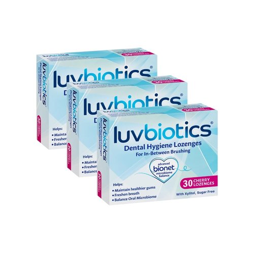 Luv Biotics Cherry Lozenges with Probiotics & Xylitol Promotes Healthy Oral Microbiome for Healthy Gums, Fresh Breath & Cavity Protection. No Artificial Colours/preservatives. 3 Pack of 30's