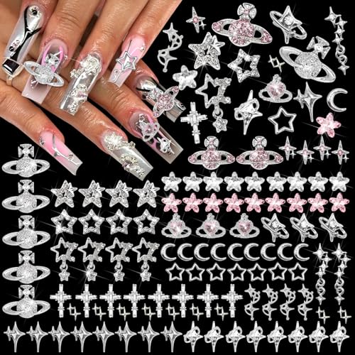 RODAKY 128PCS Silver Nail Charms Cross Star Charms for Nails 3D Saturn Planet Nail Jewelry Pink Nail Rhinestone Gems Mixed Style Y2K Nail Decoration Manicure Design Nail Accessories