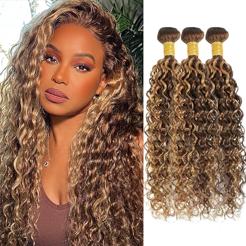P4/27 Water Wave Bundles Human Hair 20 22 24 Inch Brown and Honey Blonde Highlight Wet and Wavy Human Hair Bundles 100% Unprocessed Brazilian Virgin Weave 3 Bundles Human Hair Extensions for Women