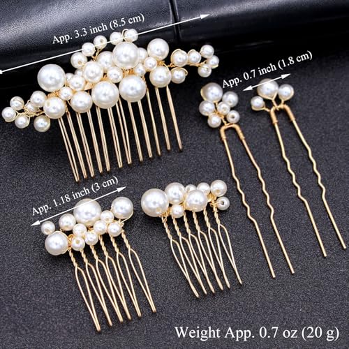 Wedding Pearl Hair Combs Set of 5 Pieces - Prom Hair Pins Accessories for Bridal Women (Gold)