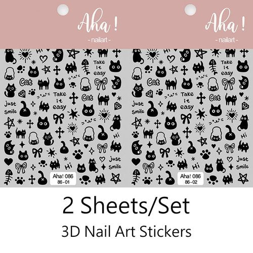 2 Pcs Cute Nail Art Stickers Cute Dog Self-Adhesive DIY Nail Decals Black White Cat Nail Stickers for Nail Art Kawaii Cat Nail Decals Cartoon Bow Heart Design for Women Nail Decorations