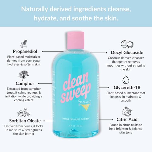 Relax and Wax Clean Sweep 2-in-1 Pre & Post Waxing Cleanser – No-Rinse, Anti-microbial & Moisturizing Formula – Removes Oil, Dirt & Makeup – Soothes & Preps Skin for Effective Waxing– 16oz