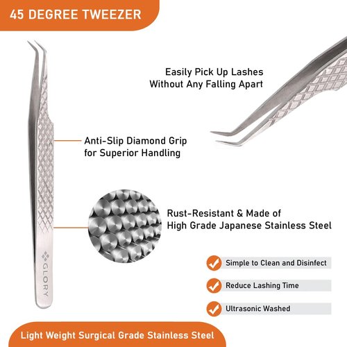 Glory 45 Degree Angle Lash Tweezers for Eyelash Extensions – Precision Fiber Tip Diamond Grip Stainless Steel Lash Tool for Classic Volume & Professional Lash Tech Supplies