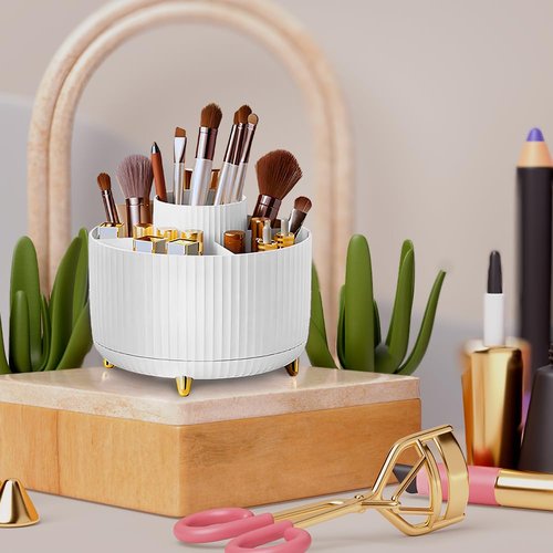 WILL OAK Makeup Brush Organizer - Large Compartment Cosmetic Organizer -Eyeliner, Nail Polish, Art Supply, Bathroom Vanity Desktop Organizer (White)