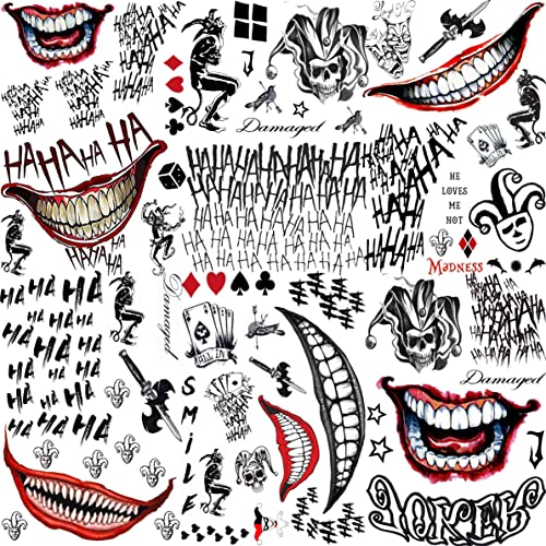 6 Sheets The Joker Temporary Tattoos For Halloween Makeup Kit, Suicide Squad Joker Tattoos Stickers For Women Men Adults, Damaged Tattoo Joker Hand Smile Face Poker Prisoner Costume Skull Set