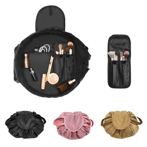 SUMBABO Drawstring Makeup Bag Open Flat – Barrel Drawstring Cosmetic Bag for Women Toiletry Bag for Travel with Brush Bag (Black)