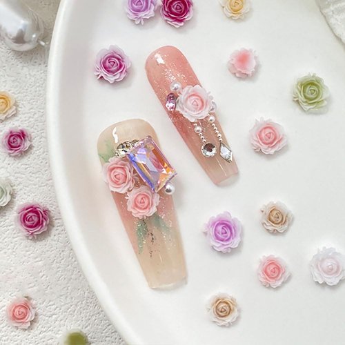 100 Pcs Cute Flower Nail Charms, Mixed Size Floral Charms for Nail Design, 3D Resin Camellia Rose Charm