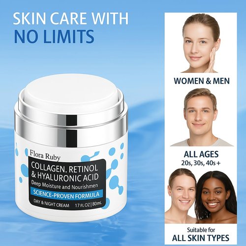 Flora Ruby Anti-Aging Face Moisturizer Cream with Collagen, Retinol & Hyaluronic Acid – Hydrating Firming Cream for Face & Neck – Reduce Wrinkles & Fine Lines – 1.7 fl oz