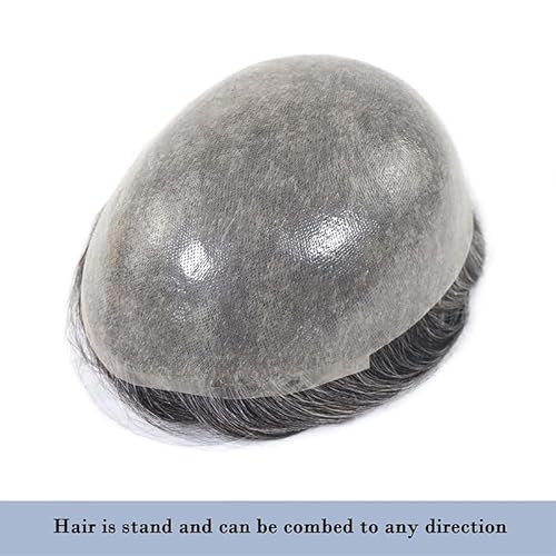 0.03mm Thin Skin Human Hair Men Toupee Full PU Base Hairpiece For Men Wig Grey Color Natural Wave Styles Human Hair Men's Wigs Replacement Systems 8x10 Size (1B50)