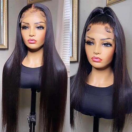 Natural Color Straight Human Hair Wig Pre Plucked Lace Front Wig Bleached Knots (24inches)
