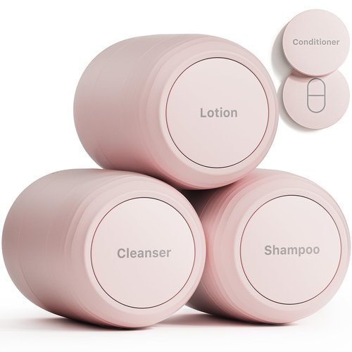 Trimcoo New Travel Toiletry Containers [Ultra Leakproof] TSA-Approved, PLA Hard Shell Jars with 5 Magnetic Labels, Wide Mouth Bottles for Lotion, Cleanser, Shampoo, Conditioner, Pink, 3 Pack, 2OZ