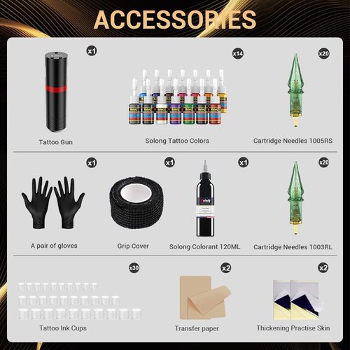 Tattoo Gun,Solong Wireless Tattoo Gun Kit Smart Screen with 40Pcs Tattoo Cartridge Needles 120ML Black Tattoo Ink Complete Tattoo Kit SLE92KITB-2