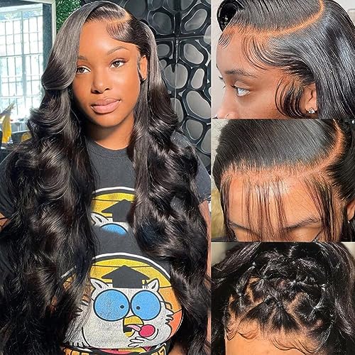 Pizazz 13x6 HD Transparent Lace Front Wigs Human hair Pre Plucked 180 Density Brazilian Body Wave Frontal Wigs Human Hair with Baby Hair Natural Hairline Natural Black Color 24Inch