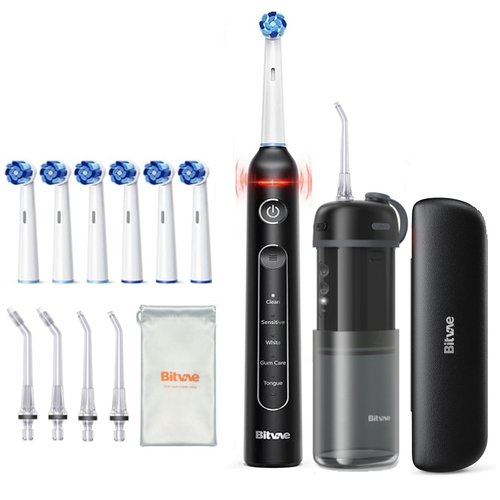 Bitvae Rotating Electric Toothbrush ＆ P1 Portable Mini Water Flosser Bundle, 5 Modes Rechargeable Power Toothbrush，Cordless Water Teeth Cleaner Picks for Travel, Travel Case