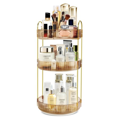 Fzebys 360 Rotating Makeup Organizer for Vanity,3 Tier Large Capacity Skincare Organizers,Bathroom Counter Organizer, transparent Spinning Perfume Organizer & Vanity Organizer (Gold-3 Tier)