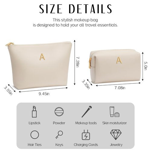 CLOUDWINGS Women Gifts | Initial Makeup Bag Set for Girl Personalized Gifts for Bridesmaid Friend Graduation Teachers PU Leather Cosmetic Travel Toiletry Bag(Beige,A)