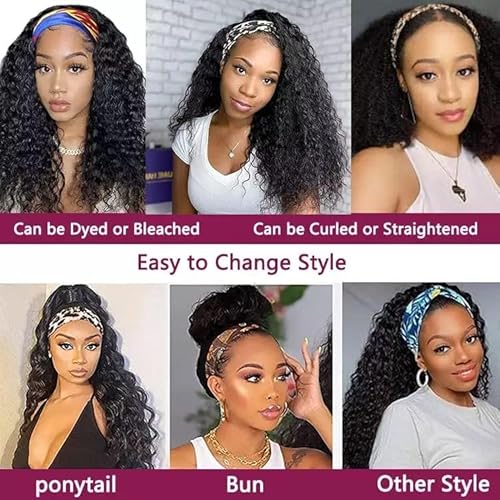 Long Human Hair Headband Wig Curly Headband Wig Deep Wave Wear and Go Glueless None Lace Human Hair Wigs Natural Color(28 inches)