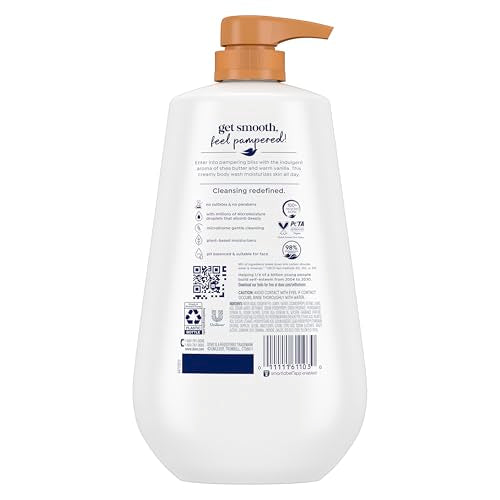Dove Body Wash with Pump Pamper Shea Butter & Vanilla for 24hr Lotion-Soft Skin Moisturizing Skin Cleanser with No Sulfates No Parabens 30.6 oz
