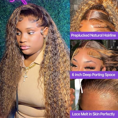 30 Inch 4/27 Highlight Ombre 13x6 Lace Front Wigs Human Hair Deep Wave Wig for Black Women Pre Plucked with Baby Hair 180% Density Brazilian Virgin Deep Curly Lace Frontal Wet and Wavy Human Hair Wigs