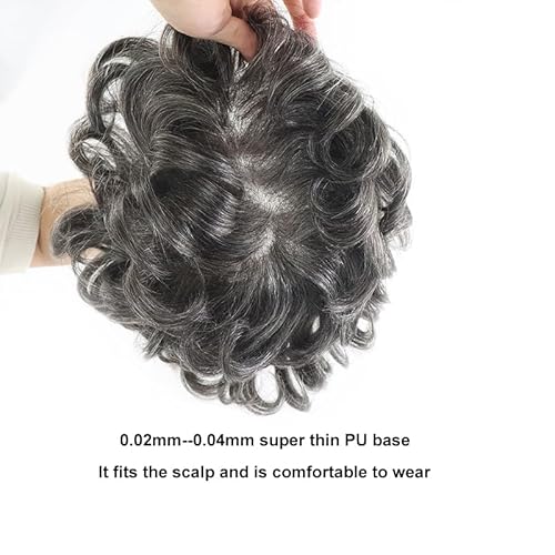 0.03mm Thin Skin Human Hair Men Toupee Full PU Base Hairpiece For Men Wig Grey Color Natural Wave Styles Human Hair Men's Wigs Replacement Systems 8x10 Size (1B50)