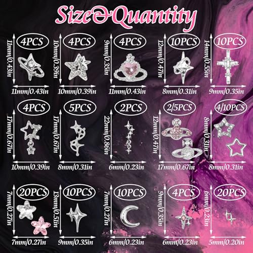 RODAKY 128PCS Silver Nail Charms Cross Star Charms for Nails 3D Saturn Planet Nail Jewelry Pink Nail Rhinestone Gems Mixed Style Y2K Nail Decoration Manicure Design Nail Accessories