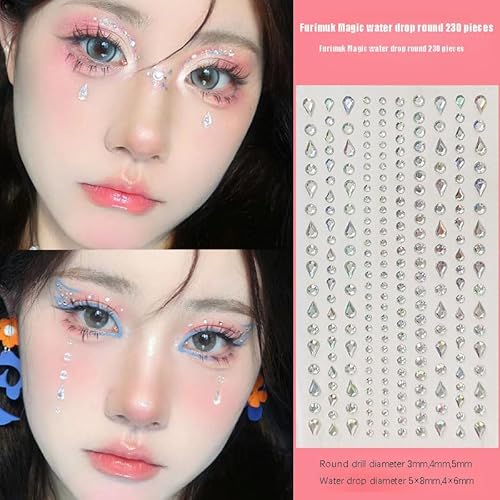 Face Gems Self-Adhesive Water Drop Rhinestone Jewels Stickers for Makeup, Teardrop Stick-on Pearls Hair Gems for Women Festival, Hair, Eye, Nail, Body Decorations Accessory