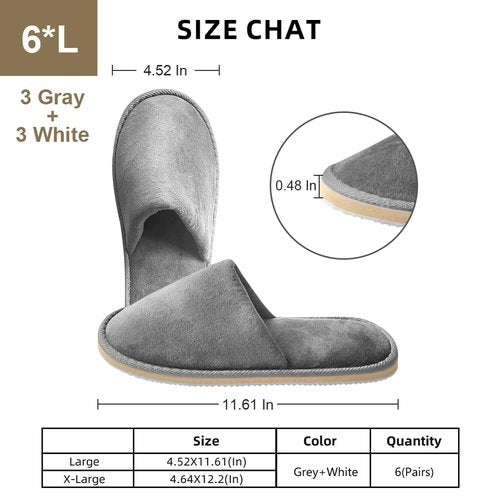 GONG GONG Non Slip Disposable Slippers, 6-12 Pairs, Washable, Reusable, Closed Toe, Crystal Velvet (Grey+White 6Pairs, Adult, Men, Large, Alpha, US Footwear Size System, Medium)