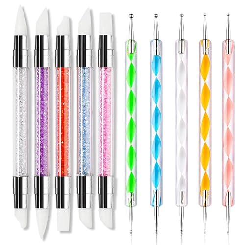 Silicone Sculpture Pen and Dotting Tool 10 Pcs Kit Double End Brushes for Nail Art Salon or at Home