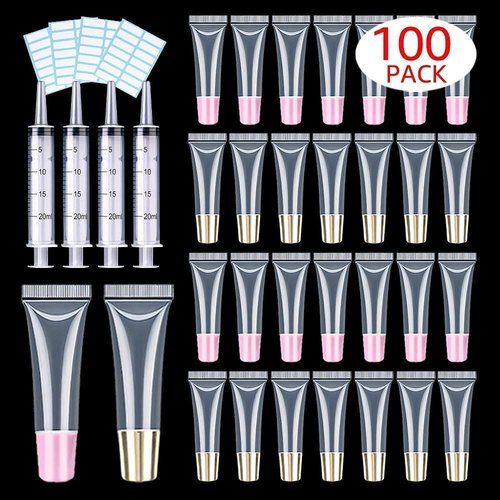 100 PACK 10ml Lip Gloss Tubes with 50 x Pink Caps + 50 x Gold Caps
