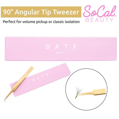 Date Classic Pickup Lash Tweezer by SoCal Beauty | Precision Gold Eyelash Tweezer for Eyelash Extensions, Hand-Tested with 1mm Guide – Ideal Lash Tweezer for Eyelash Extension
