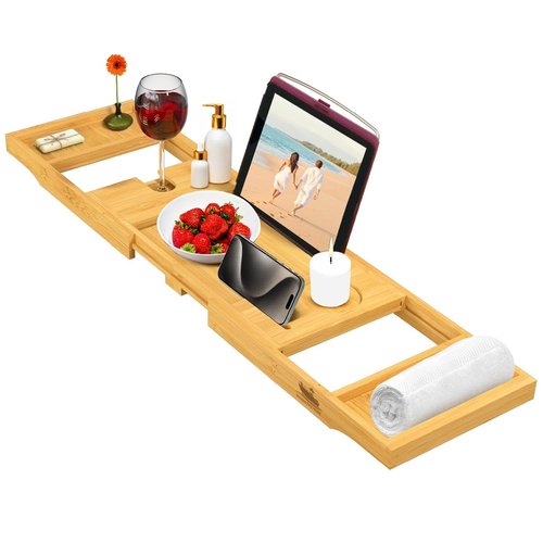 TranquilTideHome Foldable Bathtub Tray Expandable to 109cm with Bath Bomb and Scented Candle, Adjustable, Waterproof Bamboo Bathtub Caddy with Anti Slip Grip Pads for Home Spa