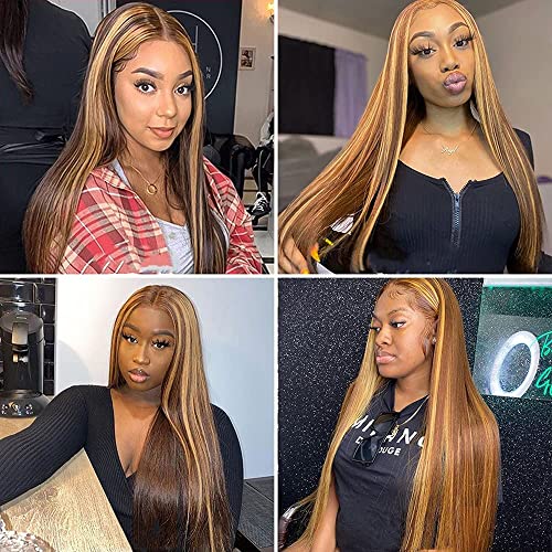 Highlight Lace Front Brazilian Virgin Human Hair Wigs 4/27 Ombre Colored Pre Plucked Straight 13x4 Lace Frontal Wig with Baby Hair 150% Density Bleached Knots for Black Women (18 Inch, 4/27 Straight)