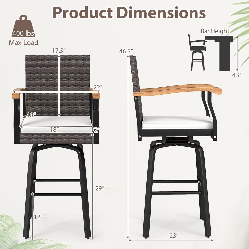 Outdoor 360° Swivel Bar Stool with Cushion, Acacia Wood Armrests - Style 2