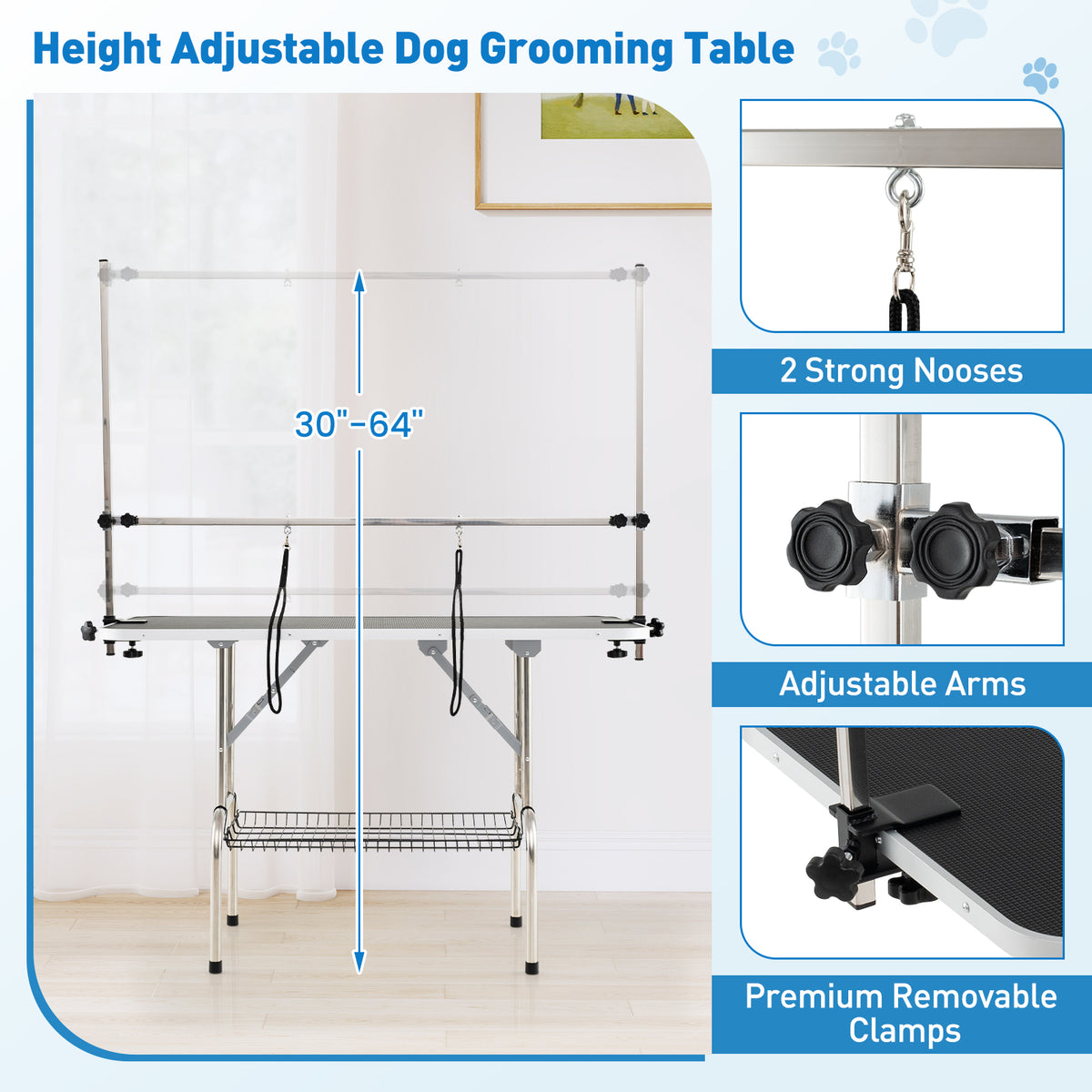 Foldable Dog Grooming Table with Height Adjustable Arms - Black - Space-Saving Pet Grooming Station